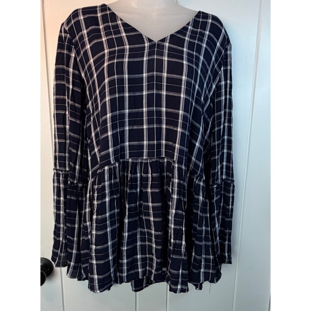 Maurices Dark Blue White Plaid Rayon Long Sleeve V-Neck Blouse Large
